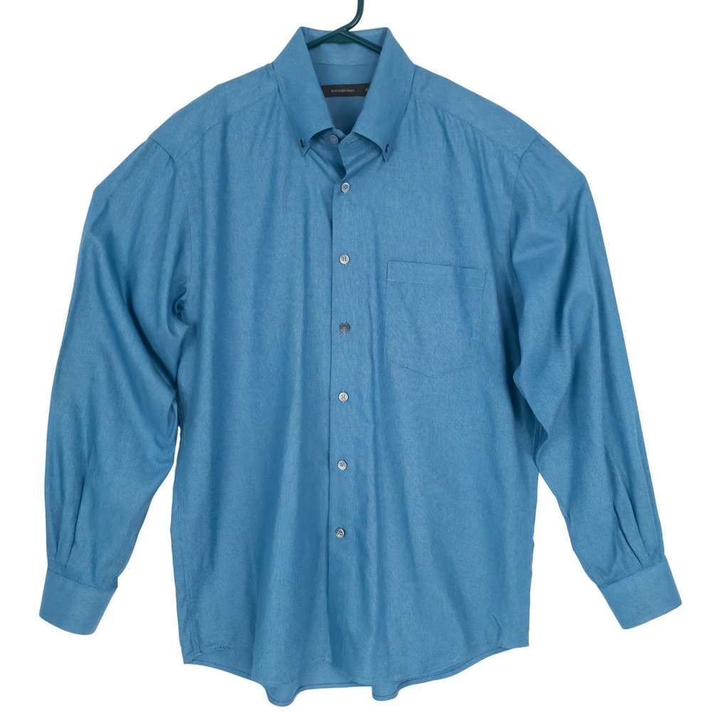 Ermenegildo Zegna Button Down Mens Shirt XL Blue Textured Long Sleeve All Cotton - Picture 3 of 15